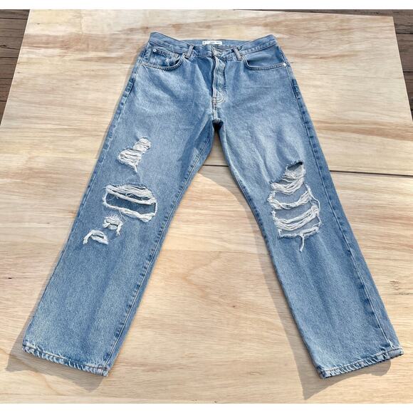 Mango Blue Solid‎ Denim Ripped Jeans Button Relaxed Regular Fit Size 12 USA - Picture 7 of 10